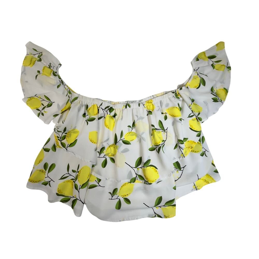 Binky Love Womens M Lemon Print Off Shoulder Crop Top Ruffle Boho Summer Blouse